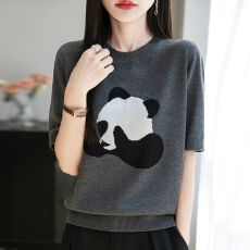 批发熊猫刺绣短袖<b class='q'>夏</b>季百搭时尚气质女装针织衫气质减龄轻奢高级感T恤
