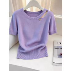 批发2026夏季新款女士时尚减龄冰丝薄款上衣超好看紫色圆领短袖针织衫