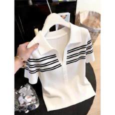 批发韩系条纹半开领白色短袖t恤女夏季2026新款设计感小众针织衫上衣