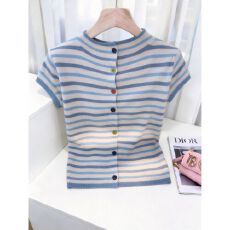 批发夏季新款洋气休闲上衣时尚气质显瘦百搭条纹小众短袖<b class='q'>针织衫</b>女爆款