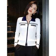 批发2026年春季新款白色韩系撞色边双头拉链针织<b class='q'>开衫</b>女长袖翻领上衣