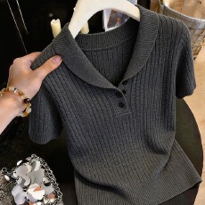 韩系轻熟风POLO领短袖针织衫女2026年春季新款卡其色显瘦百搭上衣