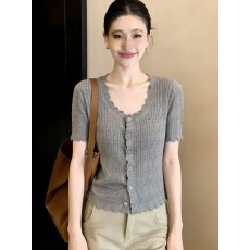批发夏季法式<b class='q'>甜美</b>减龄圆领花边镂空钩花针织短袖女清新显瘦百搭上衣