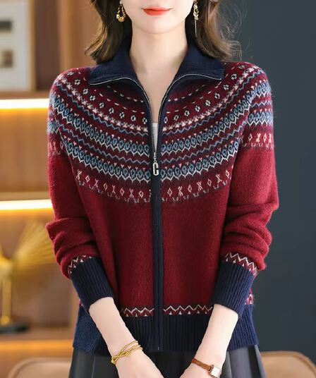 중년 엄마 봄 가을 외국 가스 자카드 니트 오픈 가디건 여성 지퍼 40 세 폴로 칼라 스웨터 코트 위엄있는 대기