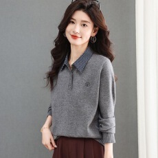 批发2026春季新款显瘦衫女洋气<b class='q'>妈妈</b>装衬衫领<b class='q'>毛衣</b>拼色条纹减龄打底上衣