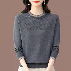 批发高端桑蚕丝长袖t恤女新款2026秋季<b class='q'>妈妈</b>装蕾丝上衣薄款针织打底衫