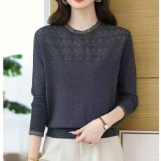 批发<b class='q'>妈妈</b>装薄款桑蚕丝长袖t恤女春季新款洋气蕾丝上衣宽松针织打底衫