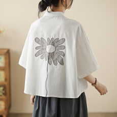 批发<b class='q'>外贸</b>出口日韩原单高端工艺刺绣棉麻短袖<b class='q'>衬衫</b>夏装艺术小众全棉上衣