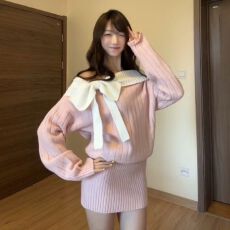 批发法式甜美风一字肩蝴蝶结针织衫连衣裙女秋冬新款宽松露肩包臀<b class='q'>短</b>裙