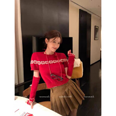 红色费尔岛袖套毛衣女秋冬法式复古小个子雪花泡泡袖圣诞针织上衣