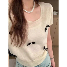 批发欧货洋气蝴蝶结冰丝针织衫夏季气质方领套头<b class='q'>打底</b>衫减龄百搭上衣女