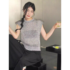 批发NEIHE内赫2023夏季新款圆领套头垫肩镂空无袖针织背心<b class='q'>百搭</b>女上衣