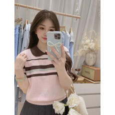 批发MAKE<b class='q'>韩国</b>2026春季学院风撞色条纹娃娃领短袖针织衫女百搭减龄上衣