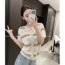 批发26夏季新款金银线钩织<b class='q'>条纹</b>针织薄款镂空圆领短袖开衫百搭上衣