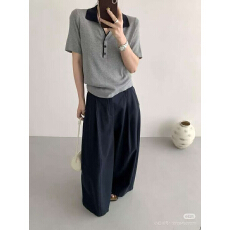 批发2026春夏季个性<b class='q'>条纹</b>翻领潮流针织上衣短袖显瘦时尚休闲百搭减龄