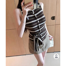 韩系翻领撞色条纹针织设计感绑带polo杉无袖上衣