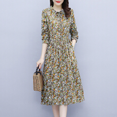 批发2025新款时尚印花中长款长袖小碎花显廋棉麻时尚连衣裙春<b class='q'>秋</b>装