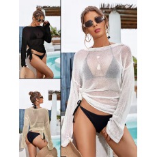 批发欧美跨境新款沙滩性感<b class='q'>比基尼</b>针织衫防晒一字领纯色侧开叉罩衣