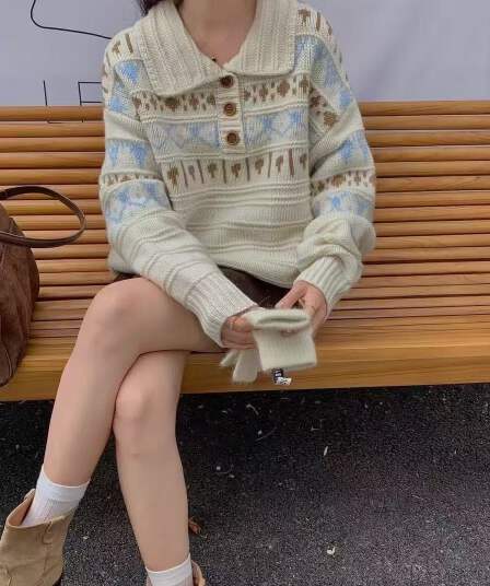 공정한 섬 스웨터 여자 가을 겨울철 슈퍼 잘 생긴 polo 폴로 칼라 부드러운 찹쌀 자카드 니트 스웨터 인사이드 가져 가라. 기본 셔츠 맨위