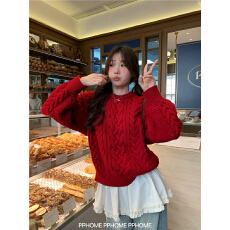 批发PPHOME自制~麻花毛衣 韩代同款高品质粗针毛衣宽松圆领八乃毛衣女