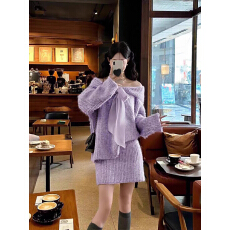 批发韩系高级感蝴蝶结针织秋<b class='q'>冬</b>慵懒风设计感宽松显瘦毛衣+包臂裙套装