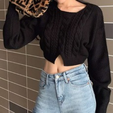 批发跨境秋冬宽松外穿套头慵懒风<b class='q'>短款</b>圆领高腰露腰长袖毛衣上衣女