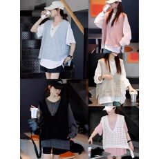 批发韩国东大门别致镂空V领针织<b class='q'>马甲</b>女早春新款复古慵懒风宽松叠穿