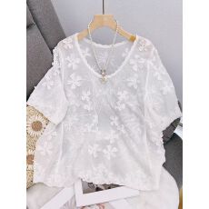 批发<b class='q'>韩国</b>东大门新款立体花薄款国风棉T恤复古时尚刺绣夏宽松女装上衣