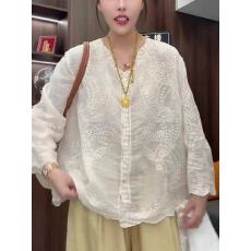 批发文艺森系多色棉麻刺绣花边<b class='q'>衬衫</b> 夏季轻薄单排扣V领显瘦<b class='q'>衬衫</b>外套女