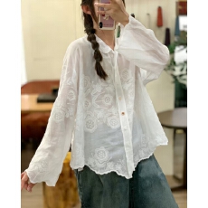 批发蕾丝提花长袖打底白衬衫女春秋新款大码胖mm显瘦高级感Polo领上衣