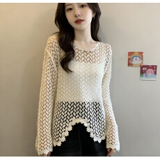 批发钩花镂空长袖蕾丝衫女春夏大码<b class='q'>胖</b><b class='q'>mm</b>显瘦不规则纯欲风上衣外搭罩衫