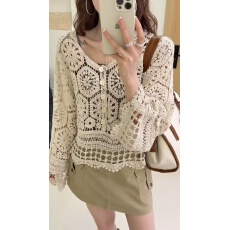 批发新款韩版时尚休闲V领钩花镂空<b class='q'>喇叭袖</b>针织衫