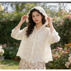 批发文艺刺绣纯棉<b class='q'>长袖</b>衬衫女2026夏新款气质宽松显瘦连帽衬衣潮