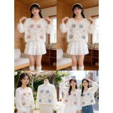 批发春新款甜美勾花镂空设计感学院风衬衫女别致小个子短款针织衫