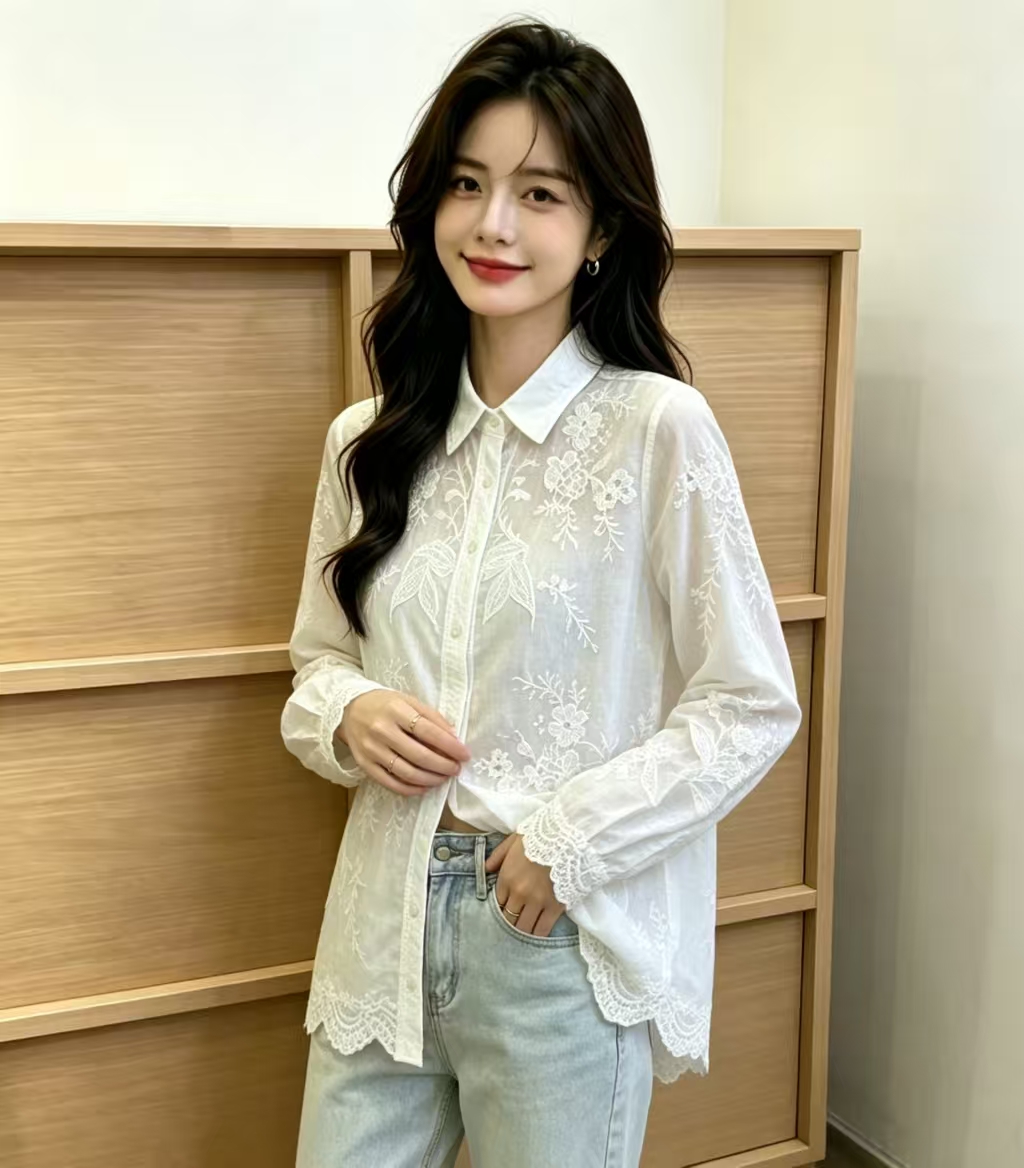 가시 자수 긴팔 셔츠 2026 일본식 모리 소녀 달콤함 폴로 칼라 싱글 줄 버튼 단색 다용도 루즈핏 맨위 여성