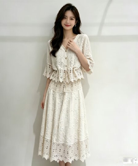 패션 레트로 홀로우 아웃 빛 럭셔리 외국 가스 배트윙 소매 루즈핏 슬림해 보이는 레이스 자수 투피스 세트