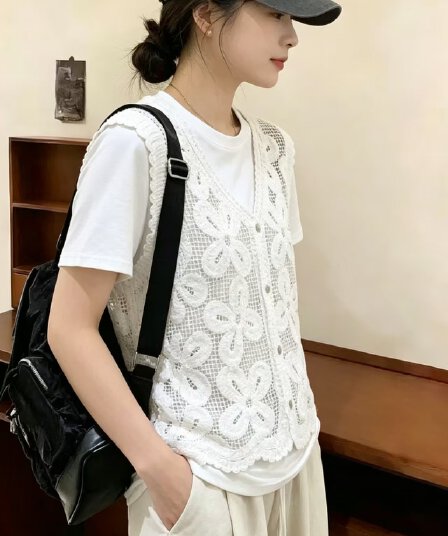 한 바람 센 부서 부드러운 바람 자수 홀로우 아웃 베스트 티셔츠 두 조각 여성 세트 여름 연령 감소 슬림해 보이는 맨위 세트