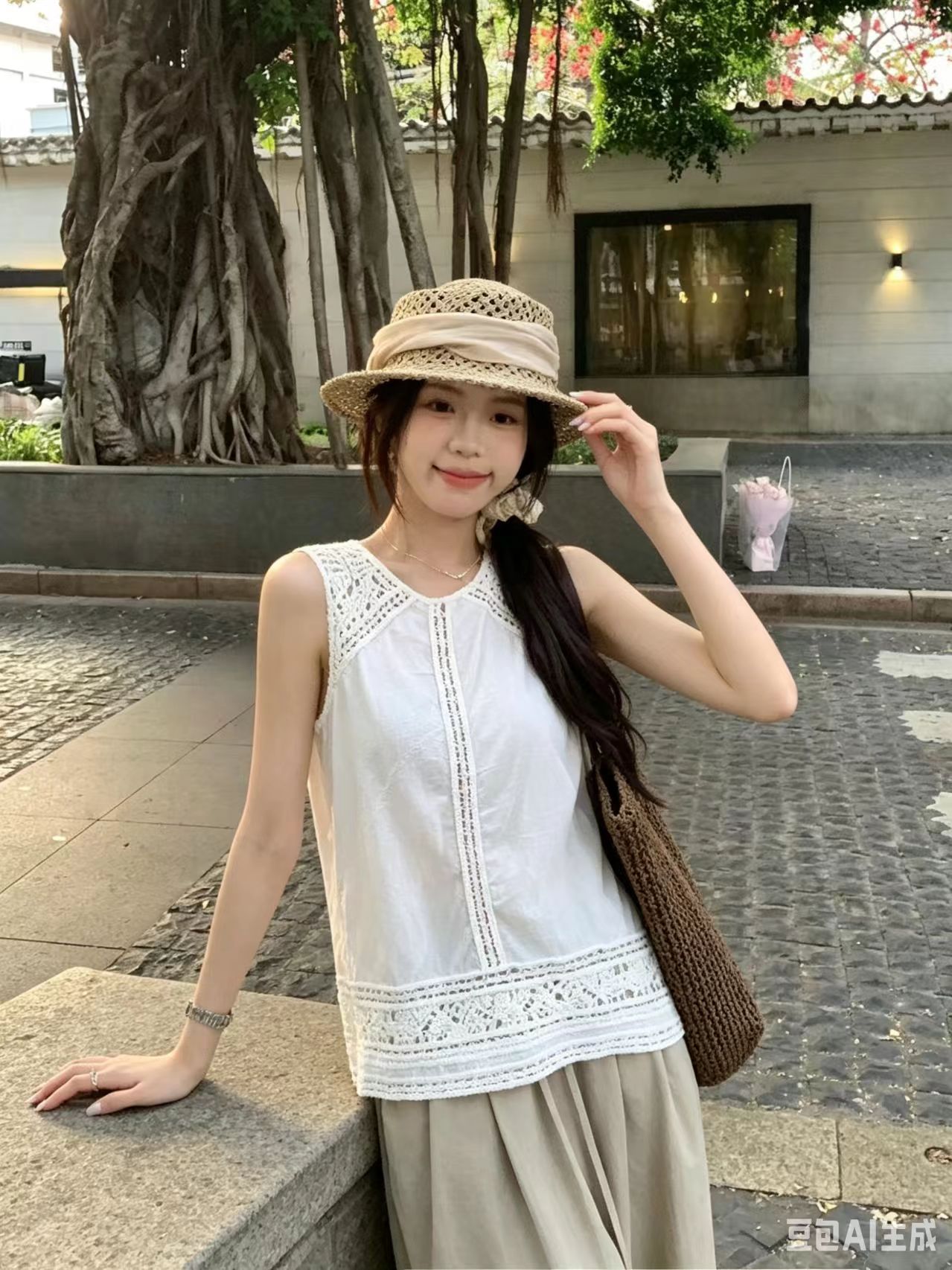 레이스 홀로우 아웃 조끼 여성 여름 새로운 디자인 센스 작은 대중 고유 한 Chic 민소매 슬립 만나는 맨위
