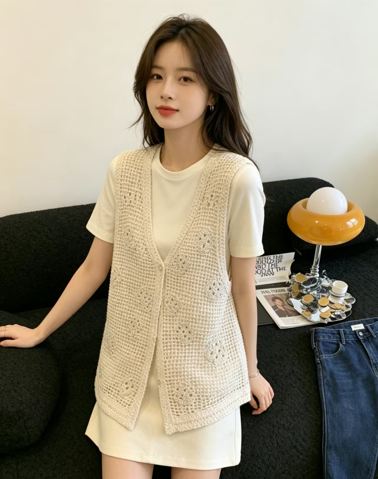 새 버전 레트로 작은 대중 디자인 센스 자수 홀로우 아웃 공예 털 니트 스웨터
