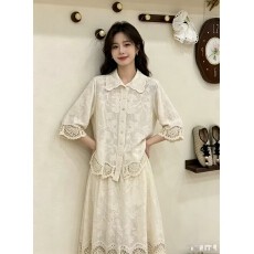 批发法式温柔风杏色上衣加半身裙<b class='q'>套装</b>女2026夏季新款镂空设计两件套