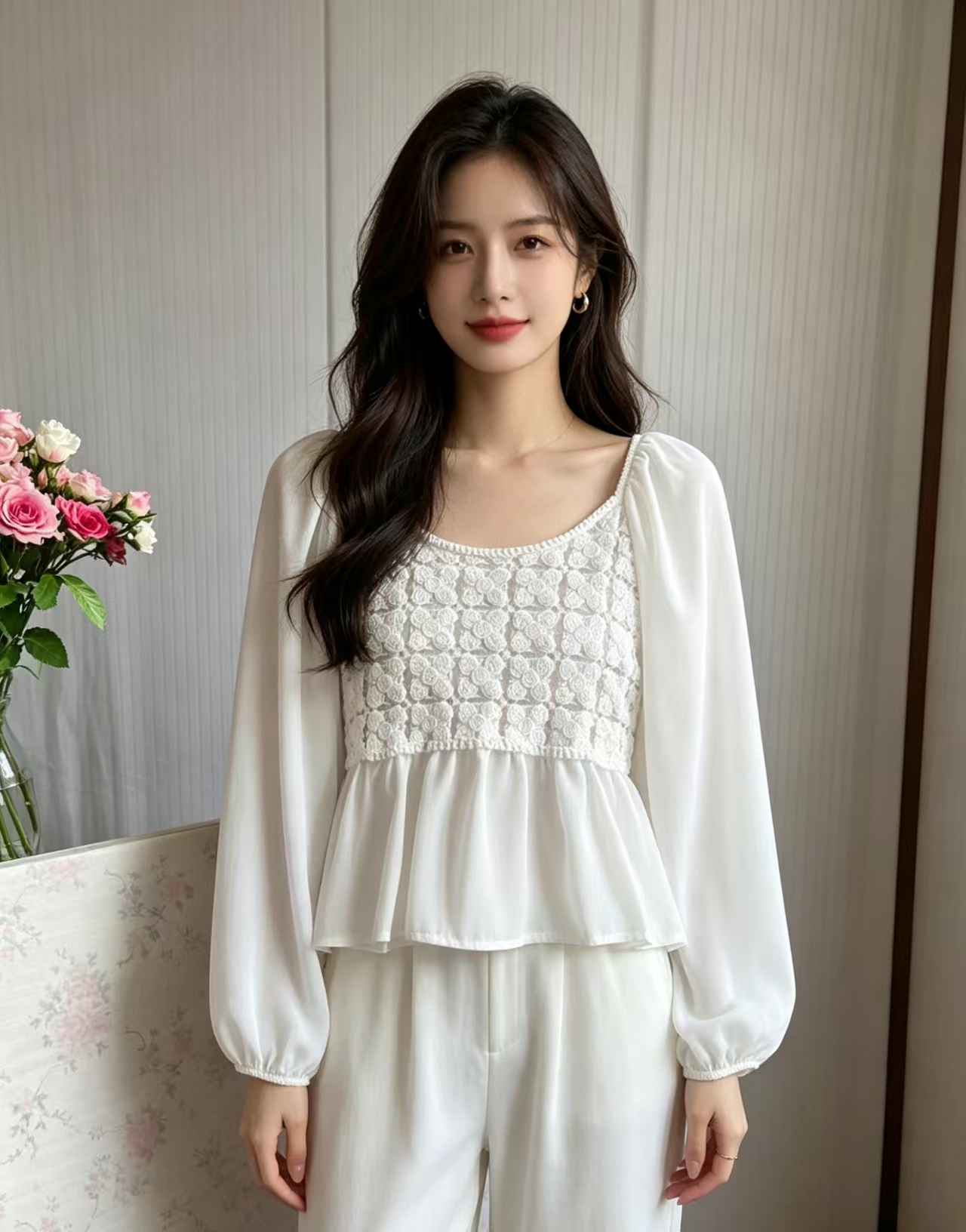한국 스타일 홀로우 아웃 자수 패치워크 레이스 쇼트 스타일 쉬폰 블라우스