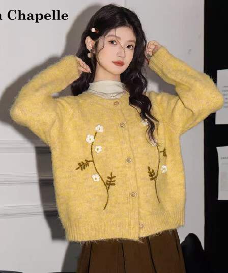 꽃 자수 라운드 넥 긍정적 인 어깨 긴팔 니트 오픈 가디건 여성 2026 가을 새로운 루즈핏 슬림해 보이는 스웨터 코트