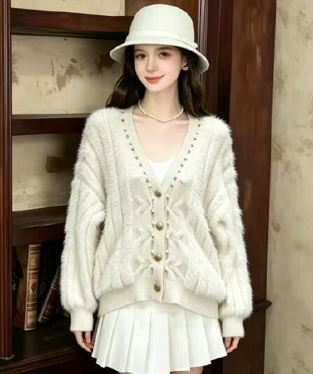 한 부서 방수 끄기 V넥 스웨터 여성 코트 루즈핏 봄 가을 겨울 니트 오픈 가디건 모조 모피 품격 고급 맨위