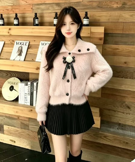 밍크 플리스 니트 오픈 가디건 여성 겨울 한국 스타일 루즈핏 느긋한 바람 폴로 칼라 쇼트 스타일 두꺼운 스웨터