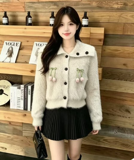 밍크 플리스 니트 오픈 가디건 여성 겨울 한국 스타일 루즈핏 느긋한 바람 폴로 칼라 쇼트 스타일 두꺼운 스웨터