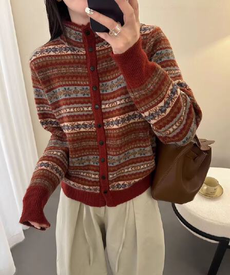 공정한 섬 바람 반하이넥 두꺼운 루즈핏 오픈 가디건 스웨터 여자 겨울 레트로 자카드 연령 감소 보온 니트 맨위