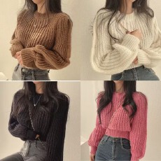 批发韩版减龄粉色<b class='q'>泡泡袖</b>软糯毛衣女秋冬季时尚御姐风宽松套头针织<b class='q'>上衣</b>