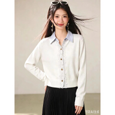 批发高级感蕾丝拼接条纹Polo领针织衫女秋季新款高智修身开衫毛衣外套