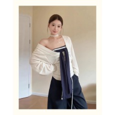 韩系条纹抹胸背心女早春长袖防晒罩衫显瘦上衣慵懒叠穿两件套