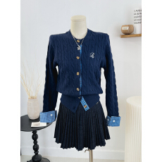 批发美式复古学院风毛衣外套女秋季格纹拼接麻花针织开衫假两件上衣潮